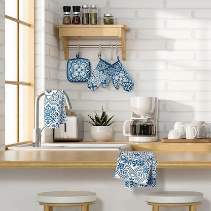 Jingmore 6 Pcs Kitchen Decor Set Accessory Farmhouse Kitchen Towels Pot Holders Oven Mitts Set 2 Dish Towels 2 Pot Holders 2 Cooking Mittens Oven Glove for Cooking (Blue,White,Chinoiserie Printed) - Image 6