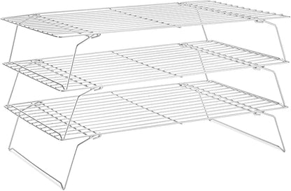 Cooling Rack for Baking 3 Tiers, 16" x 10" Cookie Cooling Wire Rack Stackable Collapsible Nonstick, Stainless Steel Baking Cooking Cooling Racks with Optimum Air Flow, Silver by Briout