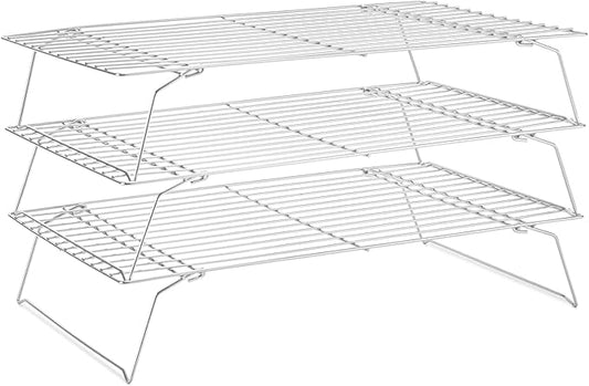 Cooling Rack for Baking 3 Tiers, 16" x 10" Cookie Cooling Wire Rack Stackable Collapsible Nonstick, Stainless Steel Baking Cooking Cooling Racks with Optimum Air Flow, Silver by Briout