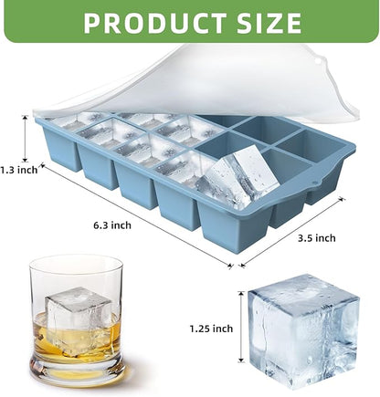 FANYITY Silicone Ice Cube Tray with Lid, Blue, Pack of 2 Ice Cube Moulds, Silicone Mould, BPA-Free, Stackable Ice Cube Tray, Ice Cube Trays for Baby Porridge, Cocktail, Whiskey, Coffee