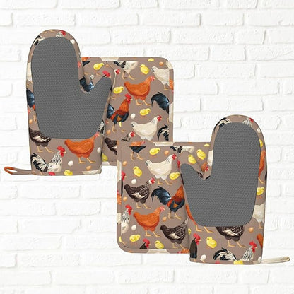 Fun Hen Chicken Rooster Oven Mitts and Pot Holders Set of 4 Silicone Heat Resistant Oven Mitten Potholders Non Slip Gloves Kitchen Decor for BBQ Cooking Grilling Baking
