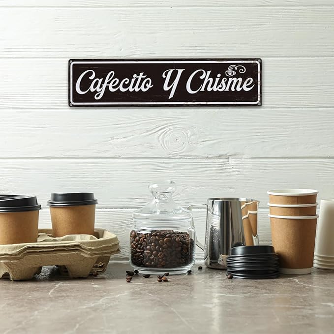 Coffee Metal Signs, Cafecito y Chisme Sign, Funny Coffee Home Decor, Farmhouse Wall Decor for Home Vintage Bar or Dorm, Coffees Station Decors, Decorative Metal Wall Signs 15.8x4 Inches - Image 4