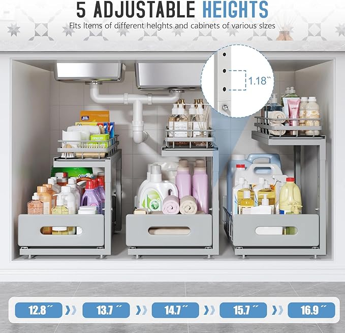 Under Sink Organizer Upgrade To Professional Rails,2-Tier Dual Pull Out Cabinet Storage,Height Adjustable Slide Out Drawers For Bathroom Kitchen,2 Pack-16.7"Dx12.8"-16.9"H,Gun Gray - Image 6