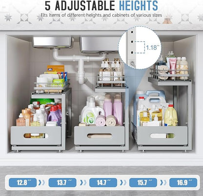 Under Sink Organizer Upgrade To Professional Rails,2-Tier Dual Pull Out Cabinet Storage,Height Adjustable Slide Out Drawers For Bathroom Kitchen,2 Pack-16.7"Dx12.8"-16.9"H,Gun Gray - Image 6