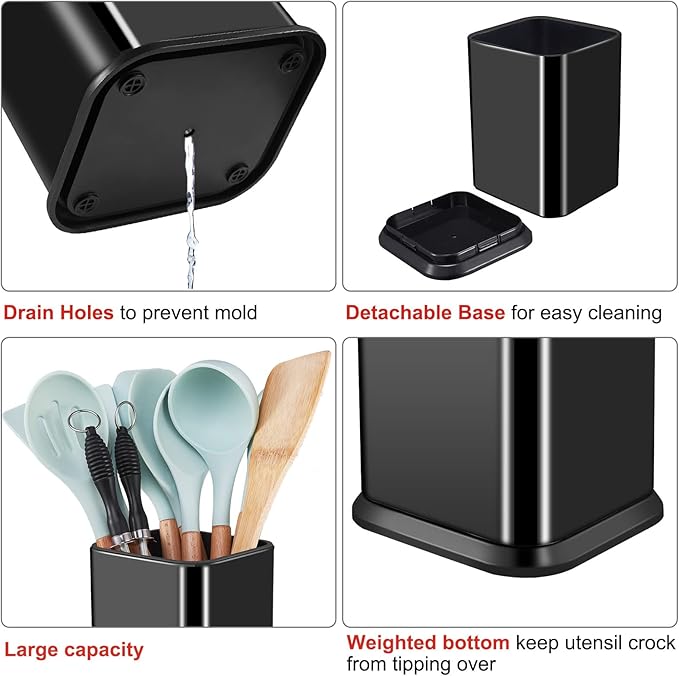 RedCall Stainless Steel Kitchen Utensil Holder for Countertop, Spoon Spatula Organizer,Modern Rectangular Large Cooking Utensil Caddy Counter,Utensil Crock (Stainless Steel Black) - Image 3
