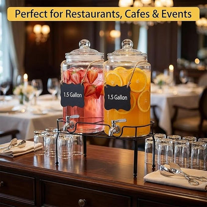 1.5 Gallon Glass Drink Dispenser Set of 2, Drink Dispensers for Parties, Beverage Dispenser with Stand and Glass Lid, 100% Leakproof Spigot, Ideal for Lemonade, Juice, Laundry Detergent