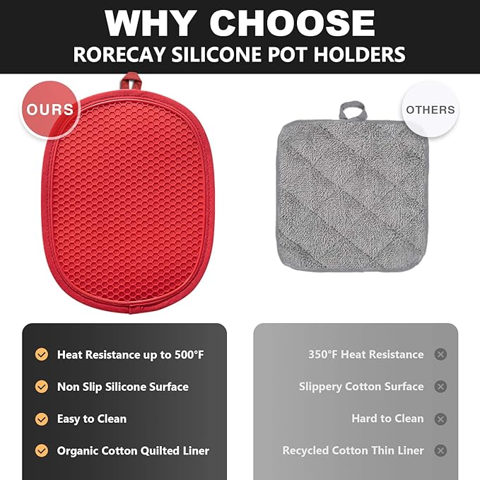 2-Pack Silicone Pot Holders for Kitchen Heat Resistant up to 500°F, Non-Slip Large Hot Pads with Pocket, Quilted Liner Trivets for Countertops Hot Pots and Pans (Red) - Image 5