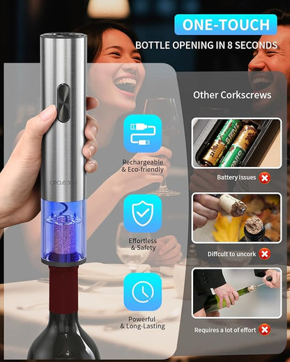CIRCLE JOY Electric Wine Opener 7-in-1 Stainless Steel Rechargeable Electric Wine Bottle Opener Set with Automatic Vacuum Pump, Foil Cutter, Wine Pourer, 2 Vacuum Stoppers & Charging Station, Silver - Image 2