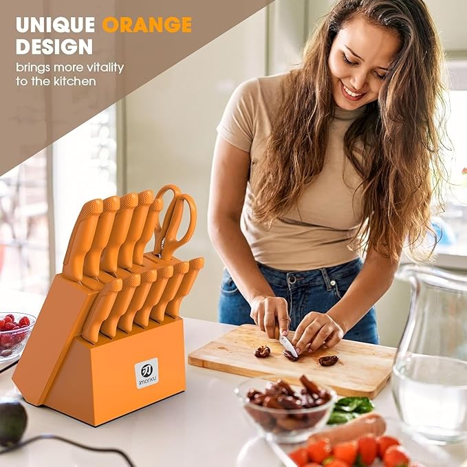 imarku® Knife Set, Sharp Block Knife Set with Built-in Sharpener, Japanese Stainless Steel with Non-Slip Ergonomic Handle, Dishwasher Safe, Kitchen Gift for Man Woman, Best For Home gift, Burnt Orange - Image 6