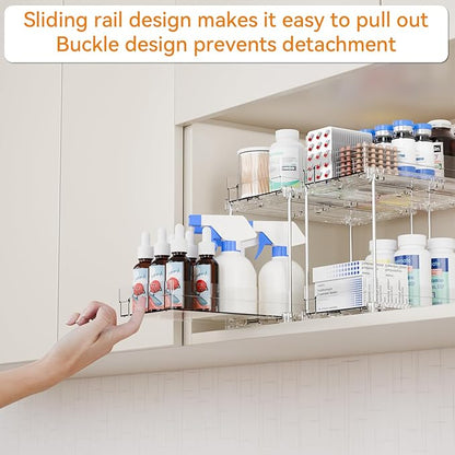 Yieach 4 Set Bathroom Organizers and Storage,2 Tier Clear Under Sink Organizer and Medicine Cabinet Organizer for Kitchen,Pantry Storage,Pull Out Drawers for Skincare,Pill Bottle,Spice Organization
