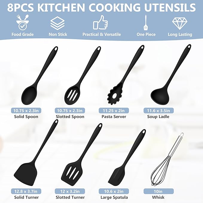 TeamFar 8 PCS Silicone Cooking Utensils - 446°F Heat Resistant Kitchen Silicon Utensils Set, Turner, Spatula, Spoon, Whisk, Kitchen Cooking Gadgets Tools for Nonstick Cookware, Dishwasher Safe-Black - Image 2
