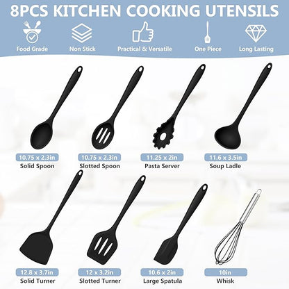 TeamFar 8 PCS Silicone Cooking Utensils - 446°F Heat Resistant Kitchen Silicon Utensils Set, Turner, Spatula, Spoon, Whisk, Kitchen Cooking Gadgets Tools for Nonstick Cookware, Dishwasher Safe-Black - Image 2