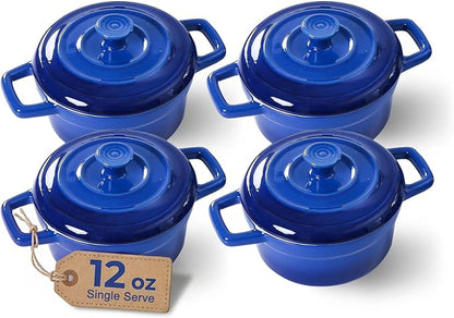 Lareina Mini Cocotte - 12oz Ceramic Casserole Dishes - Kitchen Casserole Sets With Handles And Lid - Small Baking Ramekins - Oven, Microwave & Dishwasher Safe - Set of 4 - Blue by Lareina