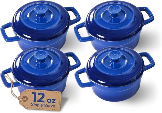 Lareina Mini Cocotte - 12oz Ceramic Casserole Dishes - Kitchen Casserole Sets With Handles And Lid - Small Baking Ramekins - Oven, Microwave & Dishwasher Safe - Set of 4 - Blue by Lareina