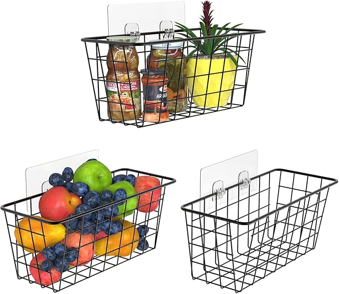 MaraFansie Over the Cabinet Door Organizer Wall Wire Baskets Hanging Kitchen Basket Shelf for Cabinet & Pantry Organization and Kitchen, Bathroom, Bedroom Storage, with Adhesive, Black, 3 Pack by MakeStorageMoreFun