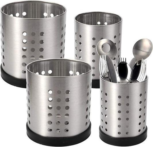 TOPZEA Set of 4 Kitchen Utensil Holder, Stainless Steel Cooking Utensil Organizer Flatware Silverware Holder Drying Rack Cylinder Kitchen Countertop Caddy for Chopstick, Spoon, Fork, Cultery, Straw by TOPZEA