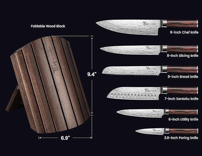 SYOKAMI 2026 Upgrade Knife Set 7 Piece Japanese Style Kitchen Knife Set With Foldable Magnetic Acacia Wood Block Sharp High Carbon Stainless Steel Chef Knives Set with Anti-slip Handle, Gift for Mom - Image 7