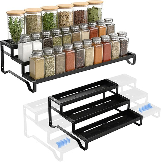 SANKEU Expandable Spice Rack Organizer for Cabinet 3 Tiered Metal Seasoning Organization with Guardrails Spice Shelf Storage for Jars Adjustable Length 13"-21" Black 1Pack by SANKEUHomeStorage