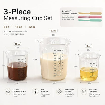 Palksky Silicone Measuring Cups Set (1-Cup & 2-Cup & 4-Cup) with Jar Spatula, Microwave Safe, Honeycomb Heat-Control Grip, Easy-Read Liquid Measuring for Baking, Cooking & Chocolate Melting