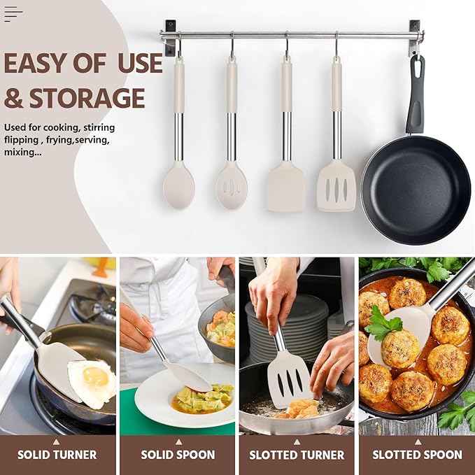 E-far Cooking Utensils Set of 4, Silicone Kitchen Utensils for Non-stick Cookware, Heat Resistant & Non-toxic Slotted Spatula Solid Spoon Turner for Flipping Mixing Serving Basting(Khaki) - Image 6
