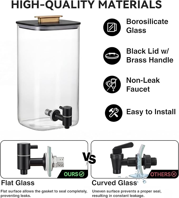 2 PCS 3 Gallon Drink dispenser, Glass Beverage Dispenser With Wood Stand, Large Water Drink Dispensers For Spa, for bars, office waiting room beverage dispenser modern Black - Image 5