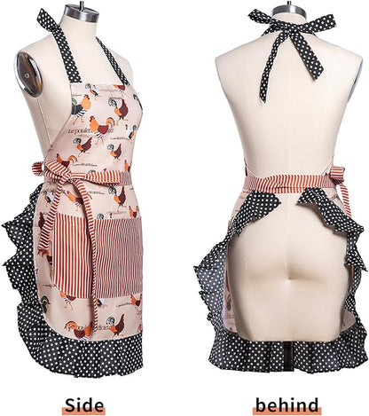 Lovely Flower Pattern Retro Aprons With Large Pockets for Women Girls Cooking Kitchen Bakery Mother's Gift