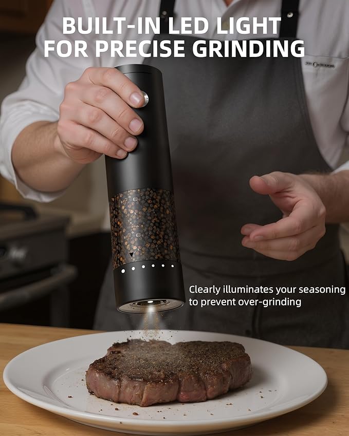 Electric Salt and Pepper Grinder Set, Automatic Battery Salt and Pepper Shakers，6 Adjustable Coarseness with LED, 100ml Upgraded Larger Capacity Pepper Mill Shakers for Kitchen, Dining and Gifts