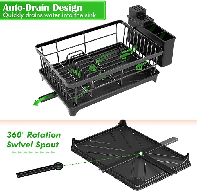 Kmiectse Dish Drying Rack - Space-Saving Small Dish Rack for Kitchen Counter, Rust-Resistant Kitchen Drying Rack, Compact Dish Drainer Organizer with Utensil Holder for Home Kitchen, Black - Image 5