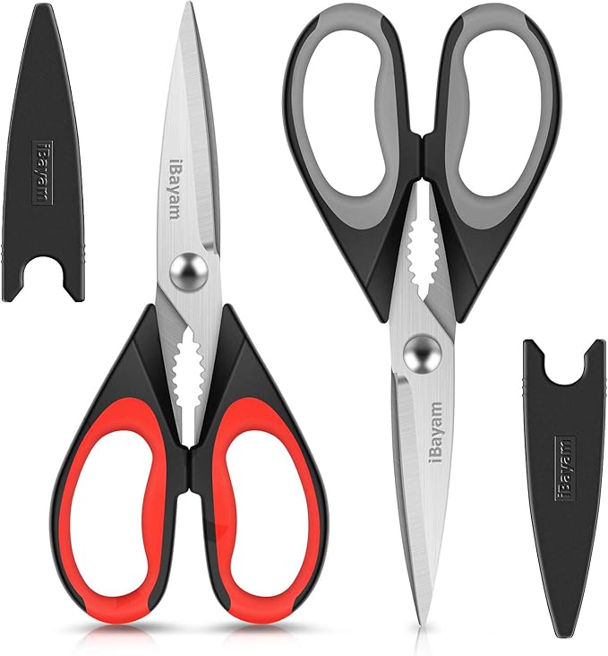 iBayam Kitchen Scissors All Purpose Heavy Duty 2 Pack with Protective Sheath, Stainless Steel Shears Kitchen Utensils Set for Cutting Food Cooking Meat Poultry Dishwasher Safe Soft Comfort-Grip by iBayamDirect