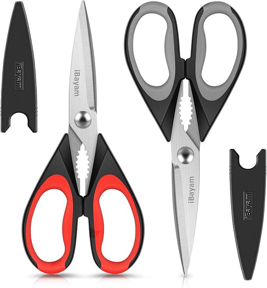 iBayam Kitchen Scissors All Purpose Heavy Duty 2 Pack with Protective Sheath, Stainless Steel Shears Kitchen Utensils Set for Cutting Food Cooking Meat Poultry Dishwasher Safe Soft Comfort-Grip by iBayamDirect