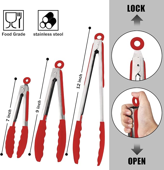 Kitchen Tongs with Silicone Tips, Kitchen Tongs, Cooking Tongs, Premium Stainless Steel Locking Cooking Tongs, Non-Slip Food Tongs for Cooking, Heavy Duty, Non-Stick, 480℉, Set of 3-7"/9"/12" Red - Image 5