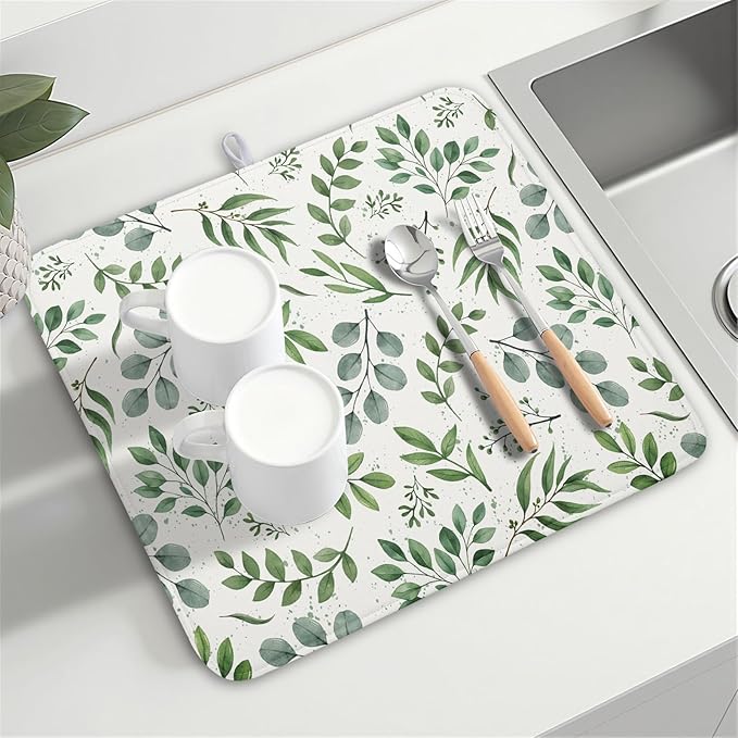 Kawani Sage Green Dish Drying Mat 16x18 In Absorbent Reversible Eucalyptus Leaves Plant Drying Mat Green Plant Dish Drying Rack Mat Spring Summer Themed Dish Drainer Mat for Kitchen Counter Coffee Bar