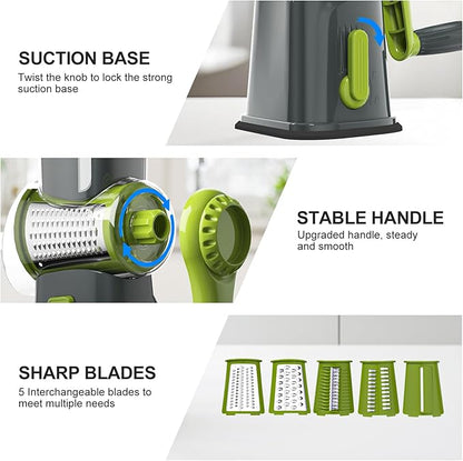 Ourokhome Rotary Cheese Grater Cheese Shredder with 5 Interchangeable Blades, Rotary Grater with Non-slip Suction Base Hand Crank Slicer for Vegetable Nuts Grey