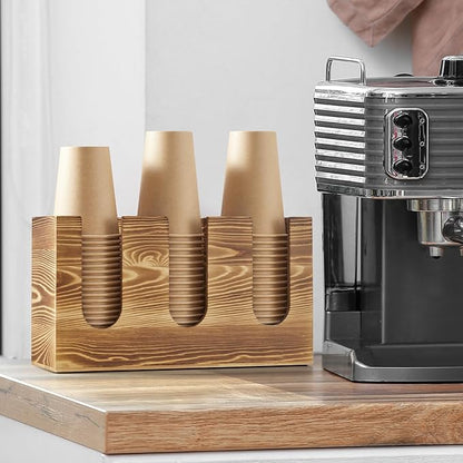 Wooden Coffee Cup and Lid Organizer for Countertop, 3 Compartments Cup Holder Dispenser, Fits 16–24 oz Disposable Cups, Coffee Bar Cup Organizer, Breakroom Kitchen Counter Cup Holder
