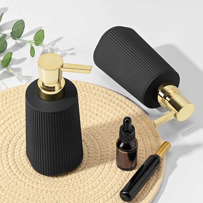 Black and Gold 2 Pack Hand Soap Dispensers Set with No Rust Pump for Bathroom and Kitchen Countertops Refillable Matte Striped Plastic 8.5 oz