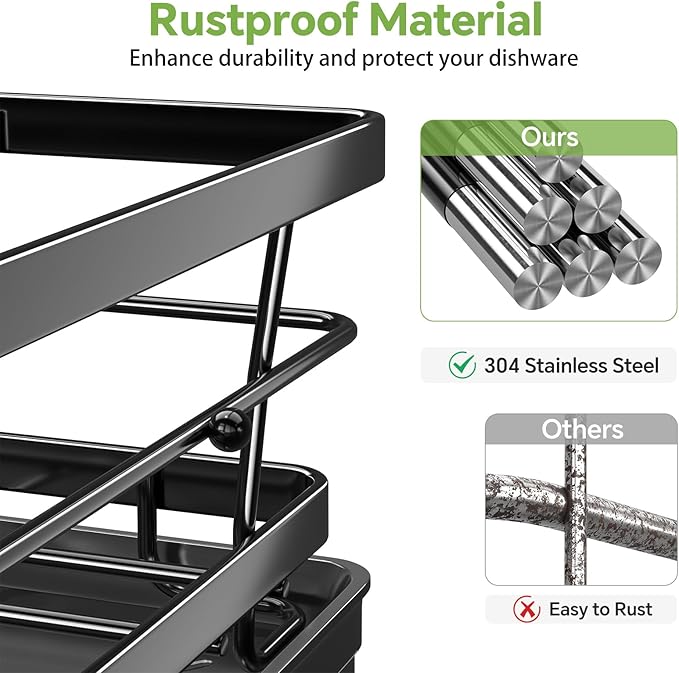 Ekisemio Dish Drying Rack for Kitchen Counter - Large Capacity Dish Drainer with Cutlery Holder & Drip Tray, Space Saving Kitchen Organizer (12x15.7), Black - Image 3