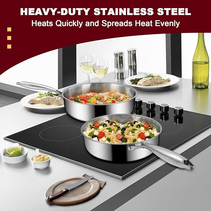 EWFEN 12 Inch Tri-Ply Stainless Steel Frying Pan, Compatible with All Cooktops Up to 600℉, Large Frying Pan Induction-Ready Skillet, Dishwasher and Oven Safe, Even Heat - Image 2