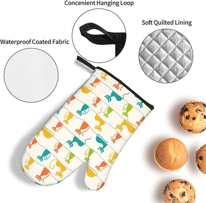 Mid Century Modern Cats Oven Mitts and Pot Holders Set Heat Resistant Cute Oven Gloves for BBQ Baking Grilling Cooks Kitchen Decor 3 Piece - Image 5