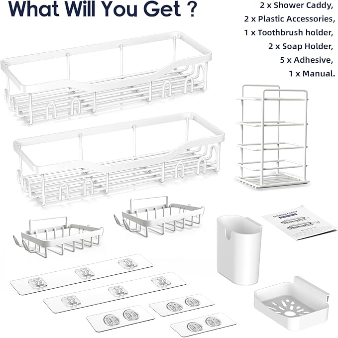 NESOMI Shower Caddy Adhesive Shower Organizer 7-Pack, Rustproof Stainless Steel Bathroom Shelves, Large Capacity No-Drill Rack Storage Accessories with Soap Dish Toothbrush Holder Hooks - Image 7