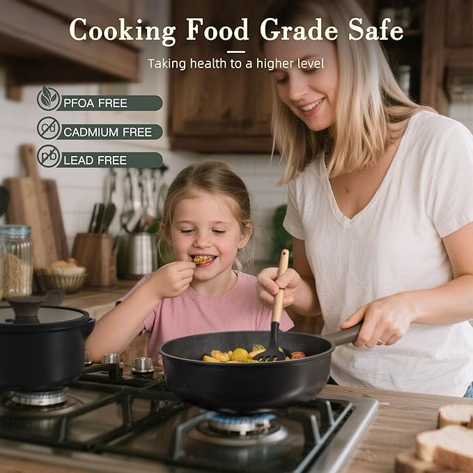 Astercook 19 Pcs Pots and Pans Set Non Stick, Black Titanium Induction Kitchen Cookware Sets, Non toxic Healthy Kitchen Cooking Set with Frying Pans Set, PFAS PTFE PFOA PFOS Free, Mothers Day Gifts - Image 9