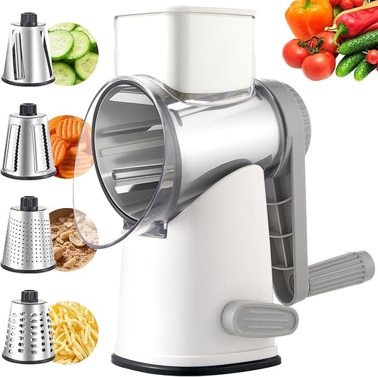 Weltonhm Rotary Cheese Grater with 4 Blades, Hand Crank Cheese Grater with Waffle Slicer, Black and White Cheese Slicer with Suction Base, Easier for Shredding& Grating (White and Grey, 4 Graters)