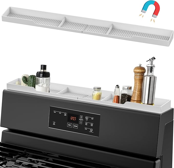 AWOKE Stove Top Shelf 30 Inch - Silicone Material Magnetic Shelf for The Stove - 3 Functional Partitions Kitchen Spice Rack Organizer - White by AWOKE