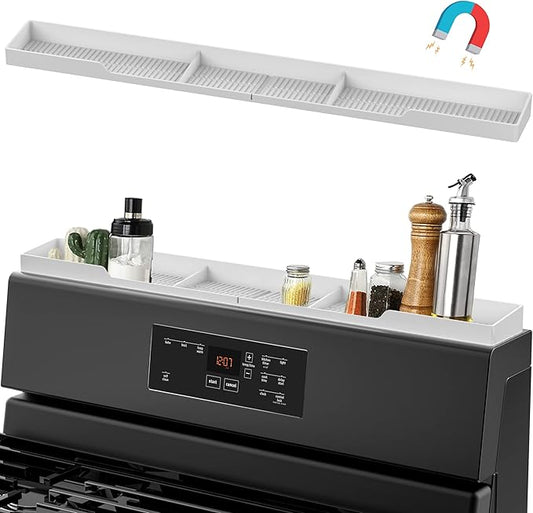 AWOKE Stove Top Shelf 30 Inch - Silicone Material Magnetic Shelf for The Stove - 3 Functional Partitions Kitchen Spice Rack Organizer - White by AWOKE