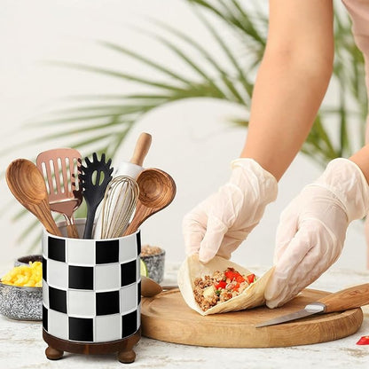 Kitchen Utensil Countertop Holder Checkered Utensil Crock with a Wooden Base 7.5 Inch Organizer Country Style Decorative for Storing Spoons Spatulas and Pot Spatulas