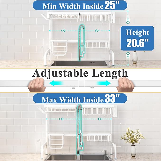 Over The Sink Dish Drying Rack, Adjustable (25.5 to 36.5 inch) 2 Tier Metal Steel Dish Drying Racks for Kitchen Counter with Hooks Paper Towel Utensil Cup Holder Sink Caddy (White) - Image 3