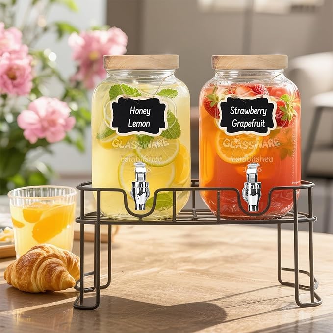 DHSBTLS 1 Gallon Glass Drink Dispensers, 2 Pack Clear Beverage Dispenser with Wood Lid for Party, BBQ and Picnic, Juice Dispenser with Black Stand, Spigot, Markers and Chalkboard