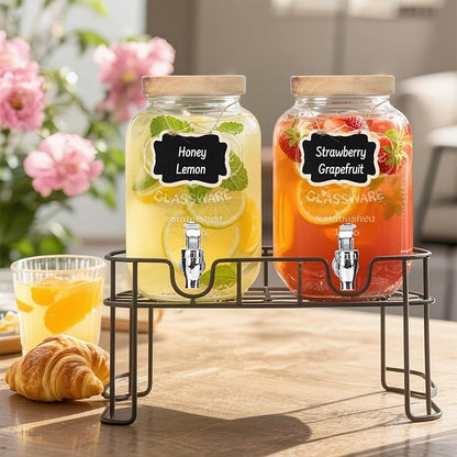 DHSBTLS 1 Gallon Glass Drink Dispensers, 2 Pack Clear Beverage Dispenser with Wood Lid for Party, BBQ and Picnic, Juice Dispenser with Black Stand, Spigot, Markers and Chalkboard
