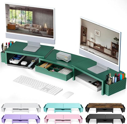 gianotter Dual Monitor Stand Riser, Desk Organizer With Drawer and 2 Pen Holders, Monitor Stand for Desk, Office Decor Essentials (Green) by gianotter