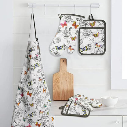 Alselo Oven Mitts and Pot Holders with Chaf Apron,Set of 5 Heat Resistant Kitchen Gloves and Silicone Non-Slip Potholders Adjustable Neck Buckle Apron, Cotton Nice Design for Cooking (Butterfly)