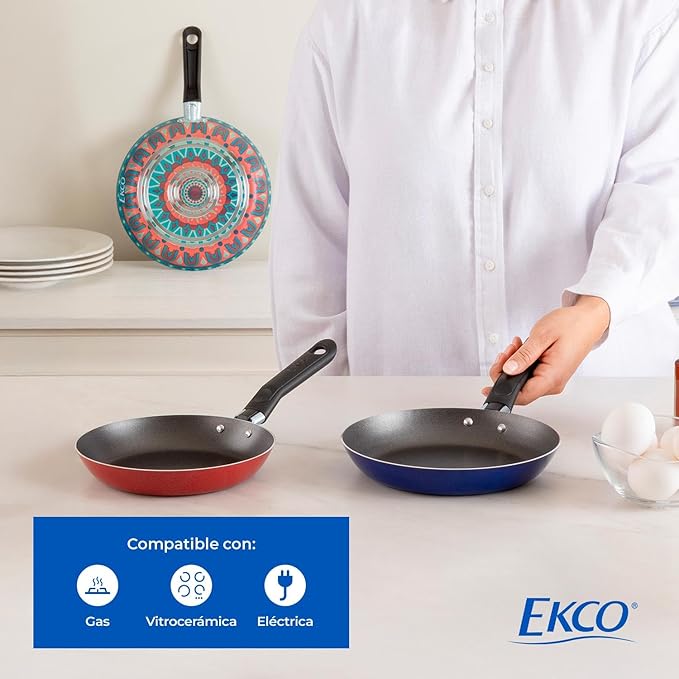 Ekco 3-Piece Frying Pan Set (7.1, 7.9 & 9.4 IN) For all Stovetops, Dishwasher Safe - Lightweight Aluminum Skillets, Non-Stick & Riveted Bakelite Handle (Hippie Chick Red & Blue) PFOA & PTFE Free